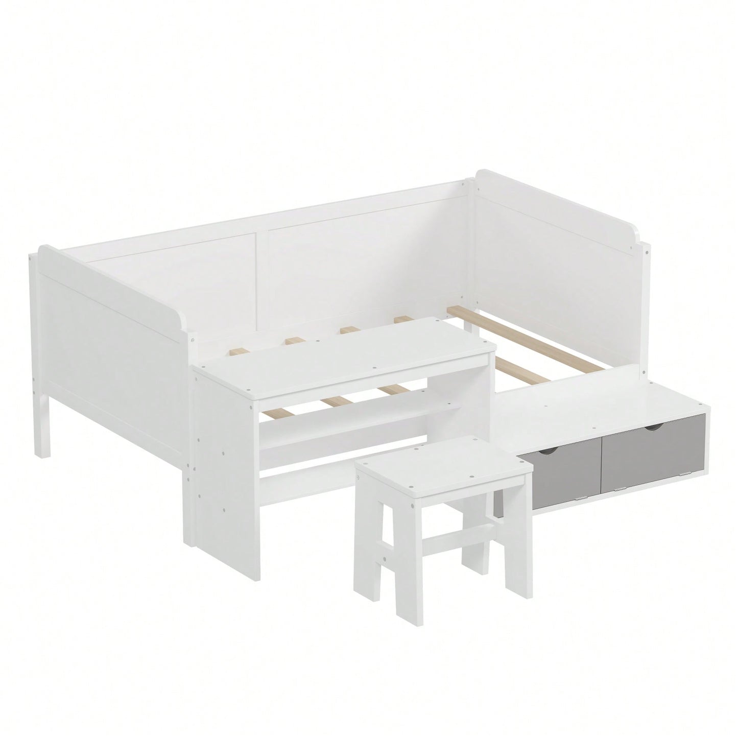 Multi-Functional Twin Size Daybed With Storage Shelves Study Desk And Matching Stool In White