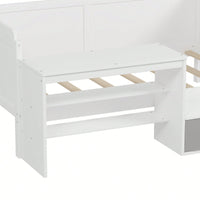 Multi-Functional Twin Size Daybed With Storage Shelves Study Desk And Matching Stool In White