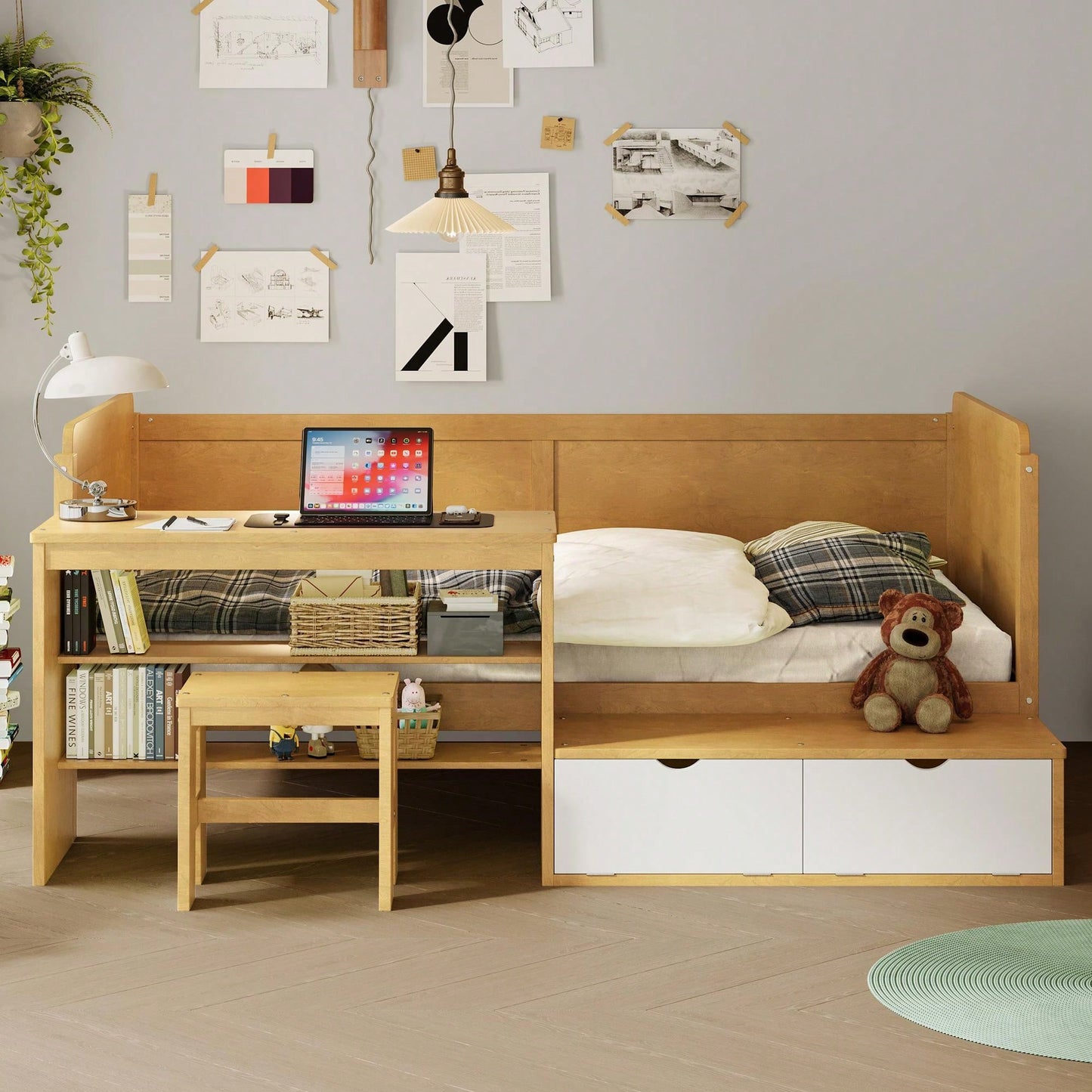 Multi-Functional Twin Size Daybed With Storage Shelves Study Desk And Matching Stool In White