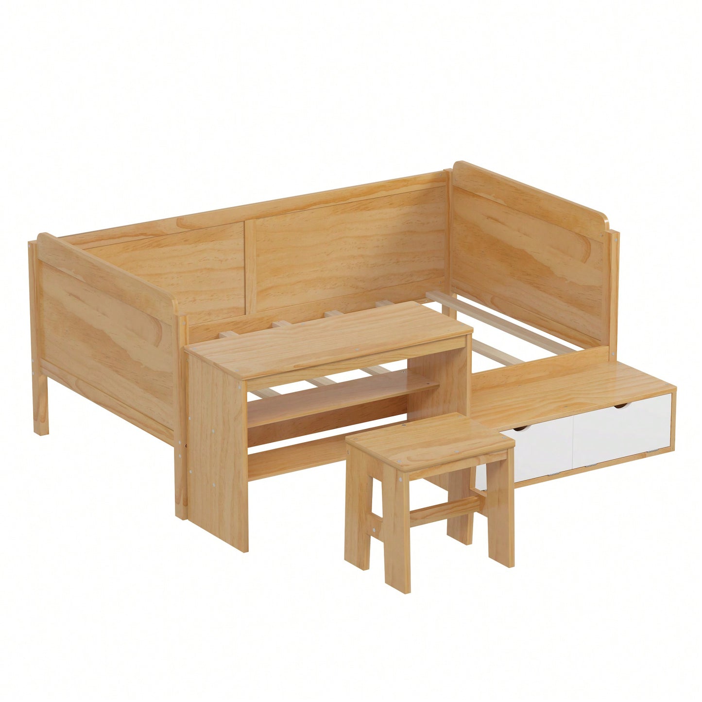 Multi-Functional Twin Size Daybed With Storage Shelves Study Desk And Matching Stool In White