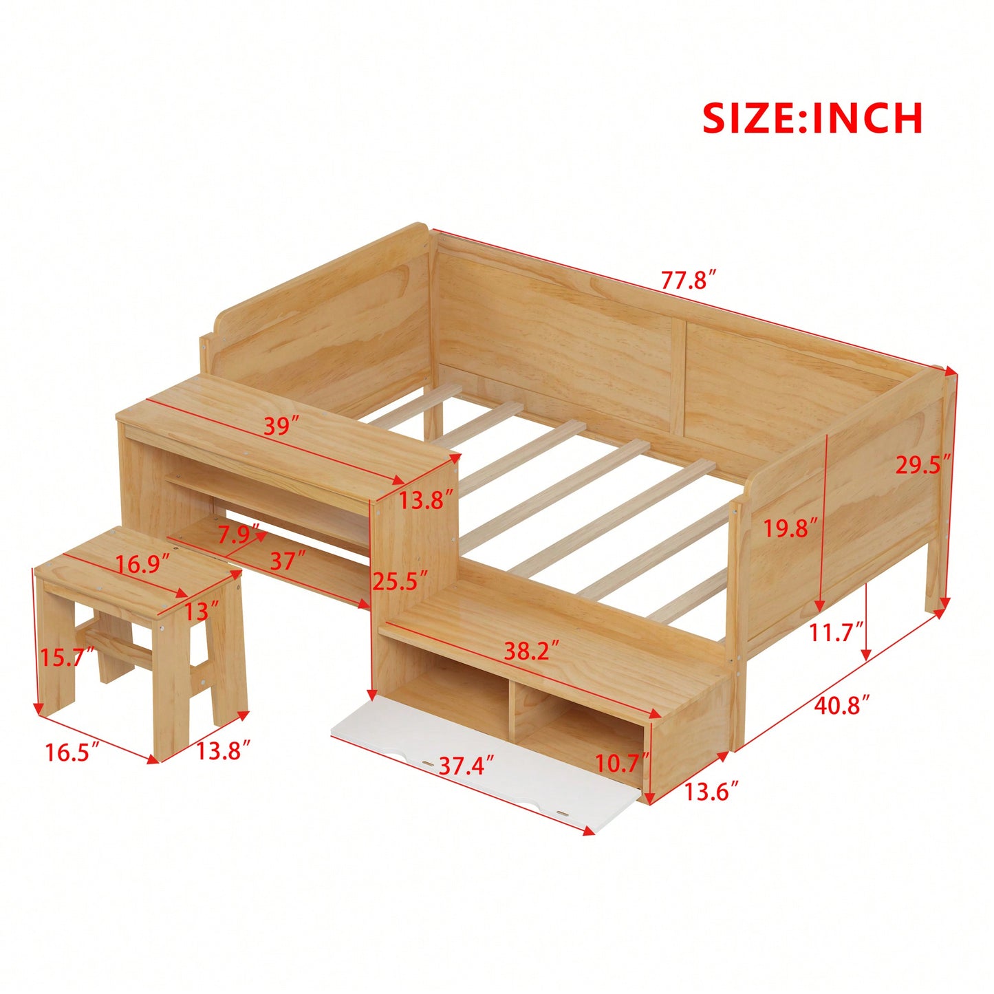 Multi-Functional Twin Size Daybed With Storage Shelves Study Desk And Matching Stool In White