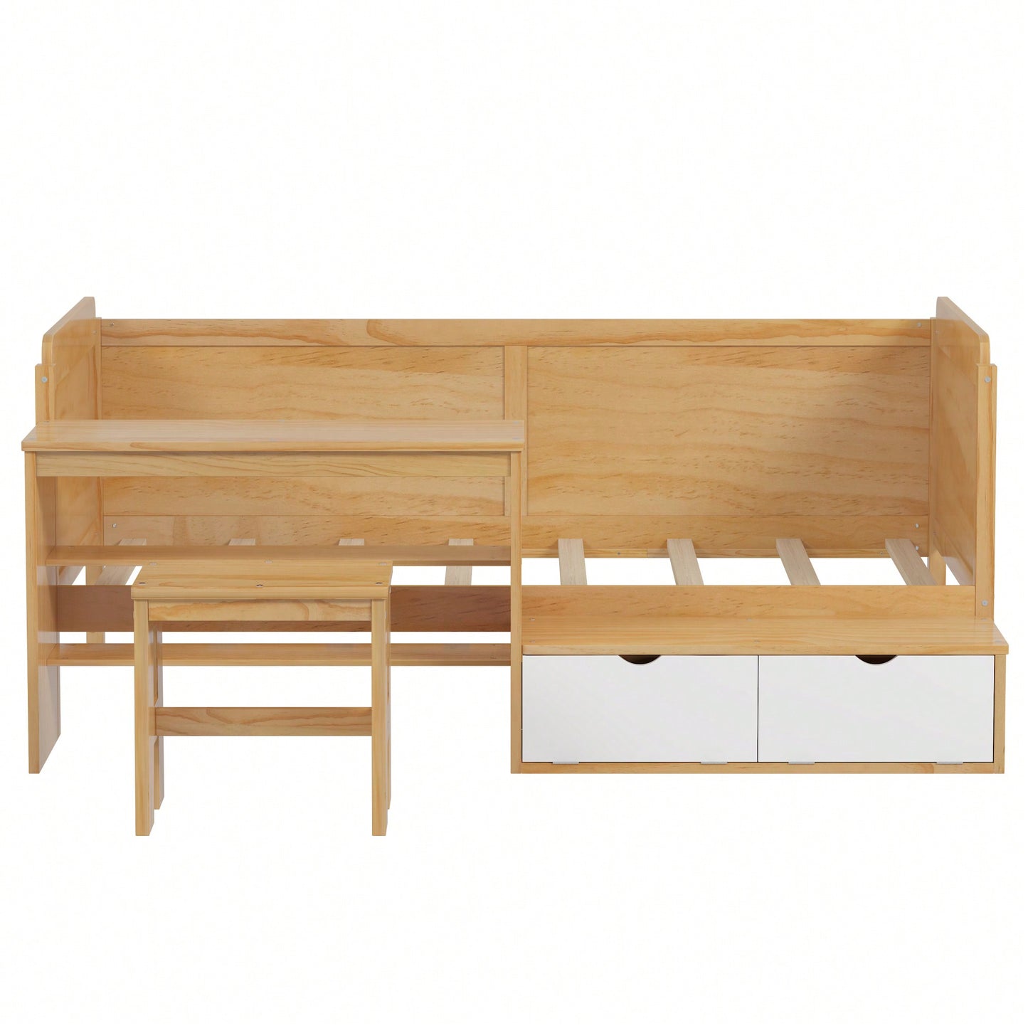 Multi-Functional Twin Size Daybed With Storage Shelves Study Desk And Matching Stool In White