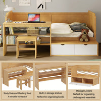 Multi-Functional Twin Size Daybed With Storage Shelves Study Desk And Matching Stool In White