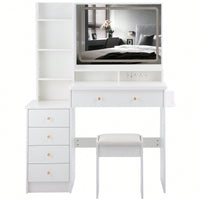 Large Vanity Table Set With Cushioned Stool, LED Mirror, Power Station, Hair Dryer Stand, 3-Color Switch