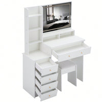 Large Vanity Table Set With Cushioned Stool, LED Mirror, Power Station, Hair Dryer Stand, 3-Color Switch