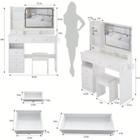 Large Vanity Table Set With Cushioned Stool, LED Mirror, Power Station, Hair Dryer Stand, 3-Color Switch