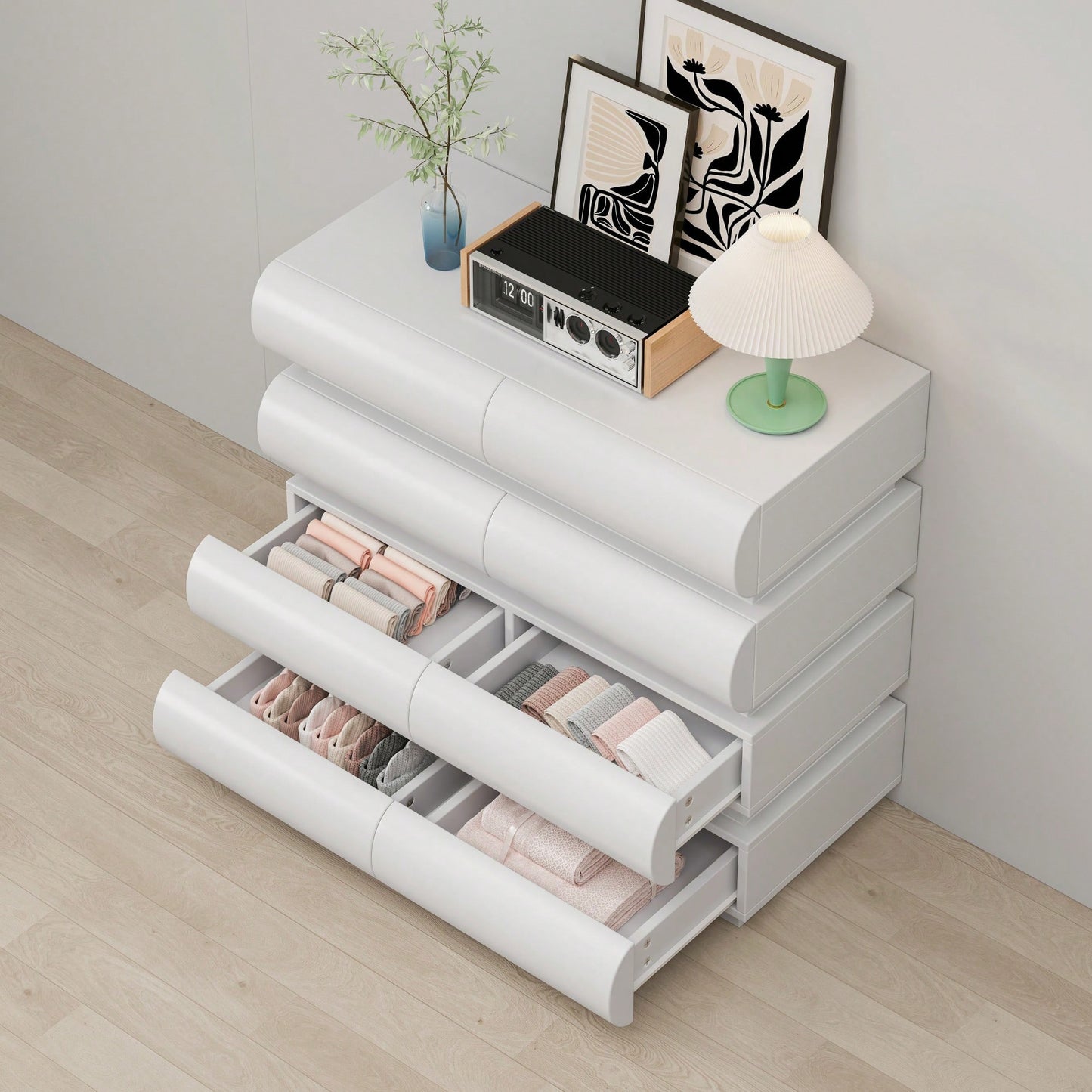 Modern White 8 Drawer Dresser For Bedroom With Sleek No Handle Design And Ample Storage Space