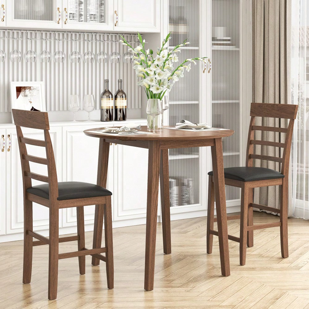 Retro Round Drop-Leaf Counter Height Dining Table Set With 2 Upholstered Chairs For Small Space Kitchen Walnut Finish