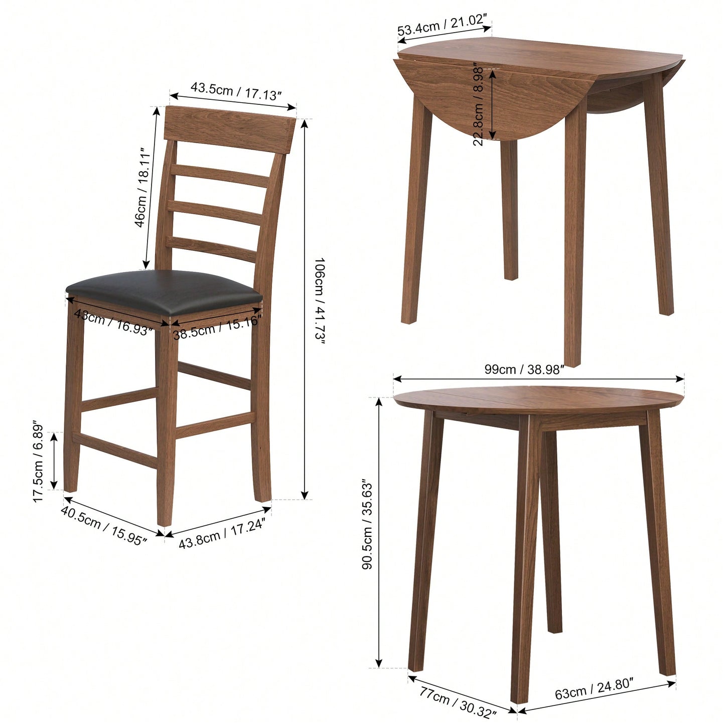 Retro Round Drop-Leaf Counter Height Dining Table Set With 2 Upholstered Chairs For Small Space Kitchen Walnut Finish