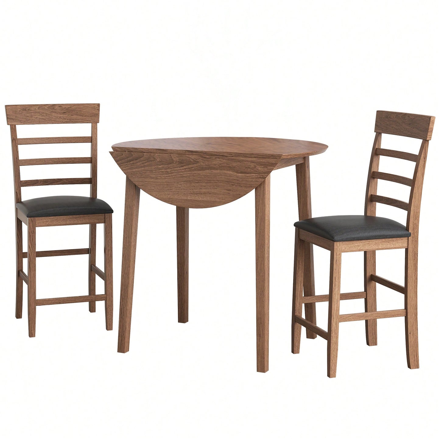 Retro Round Drop-Leaf Counter Height Dining Table Set With 2 Upholstered Chairs For Small Space Kitchen Walnut Finish