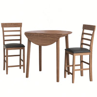 Retro Round Drop-Leaf Counter Height Dining Table Set With 2 Upholstered Chairs For Small Space Kitchen Walnut Finish