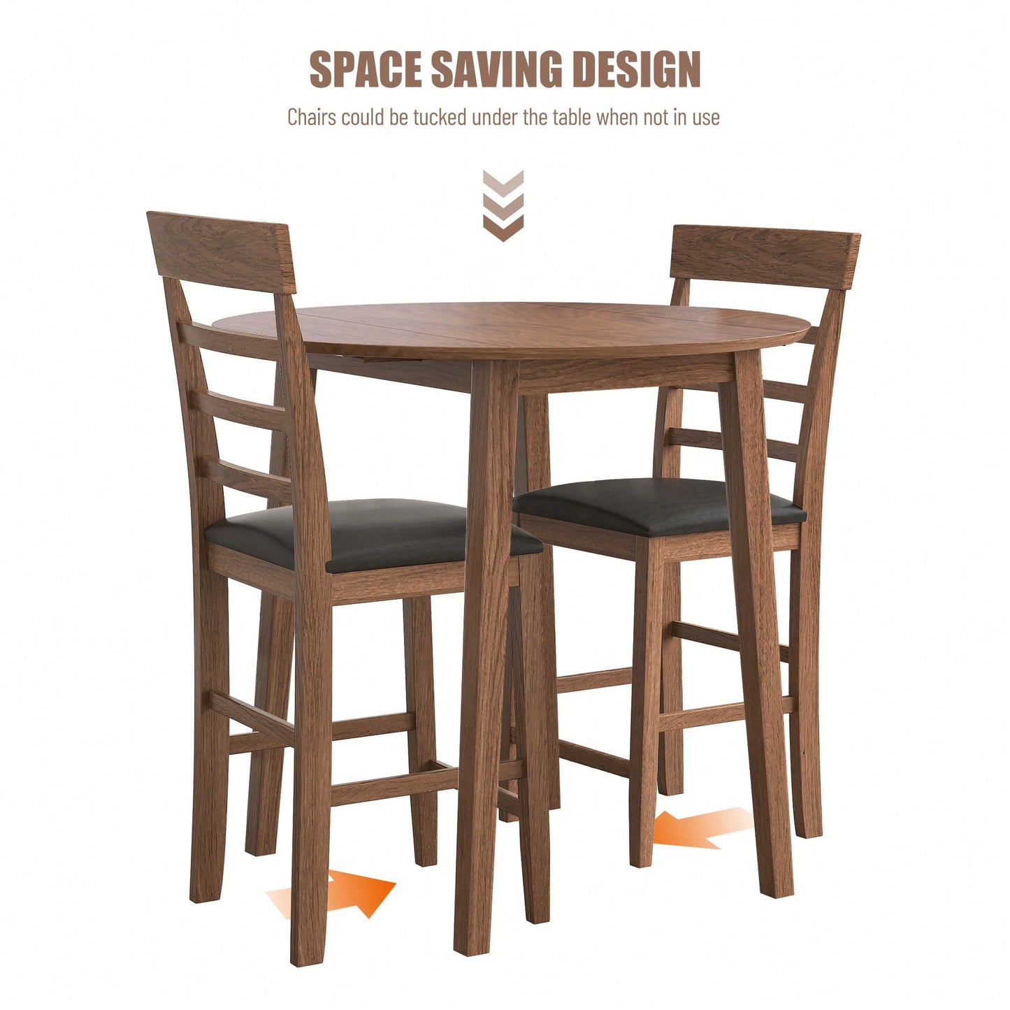 Retro Round Drop-Leaf Counter Height Dining Table Set With 2 Upholstered Chairs For Small Space Kitchen Walnut Finish