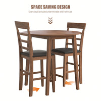 Retro Round Drop-Leaf Counter Height Dining Table Set With 2 Upholstered Chairs For Small Space Kitchen Walnut Finish