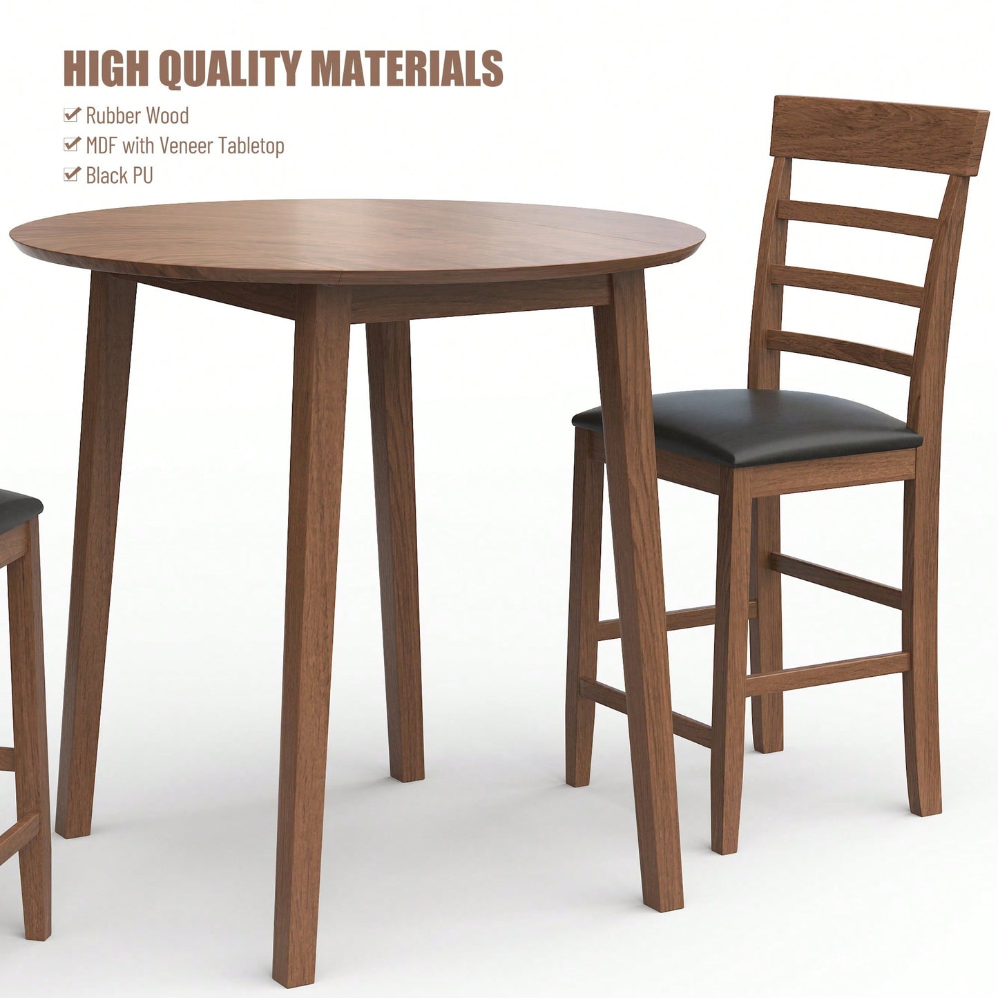 Retro Round Drop-Leaf Counter Height Dining Table Set With 2 Upholstered Chairs For Small Space Kitchen Walnut Finish