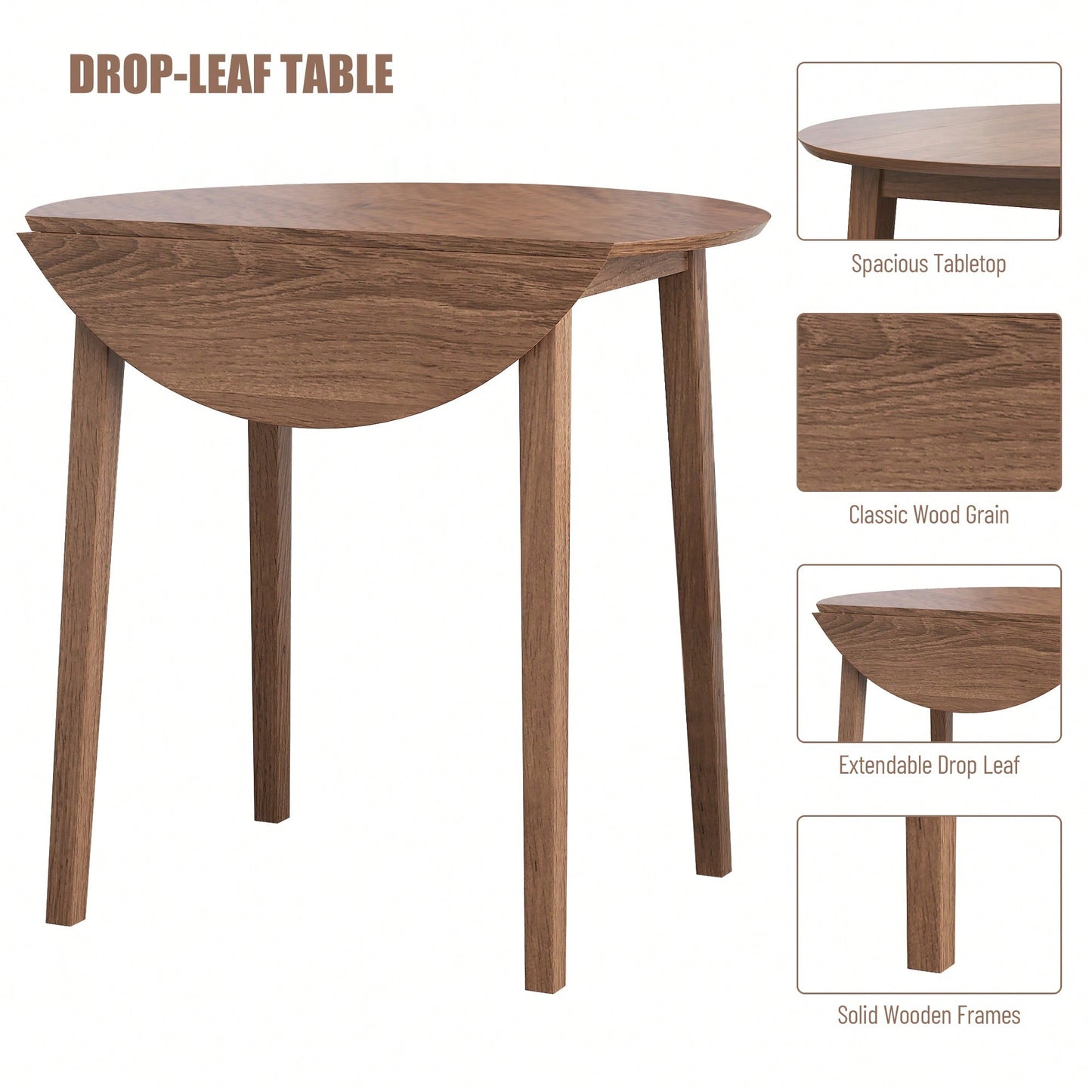 Retro Round Drop-Leaf Counter Height Dining Table Set With 2 Upholstered Chairs For Small Space Kitchen Walnut Finish