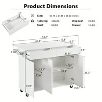 53.2 Inch Kitchen Island With Drop Leaf And Storage, Rolling Cart With Spice Rack, Towel Rack, 2 Drawers And Adjustable Shelves, White