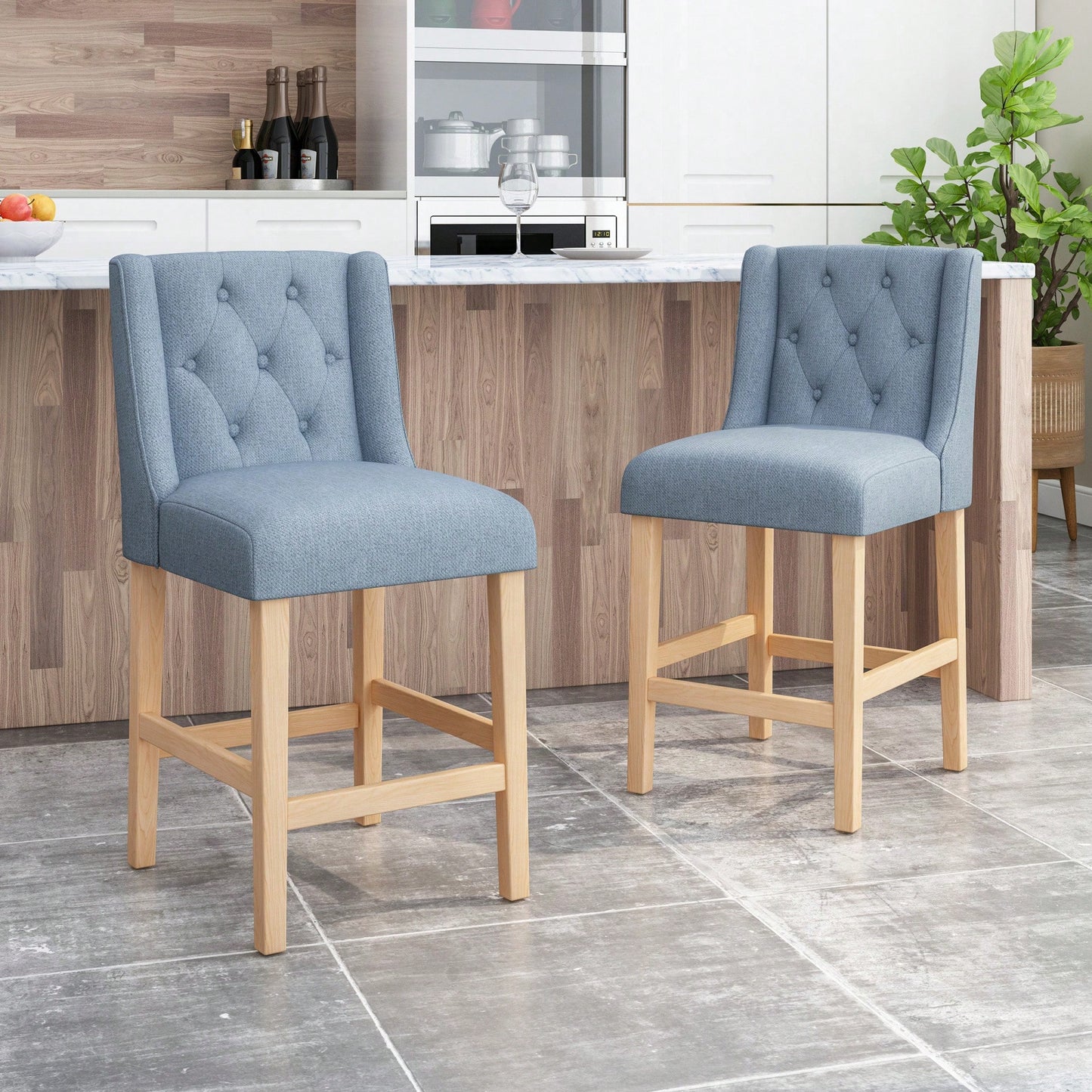 Set Of 2 Baby Blue Fabric Tufted Wingback Counter Stools With Natural Finish 27 Inch Height