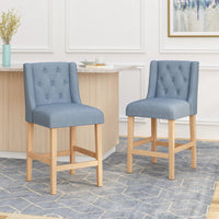 Set Of 2 Baby Blue Fabric Tufted Wingback Counter Stools With Natural Finish 27 Inch Height