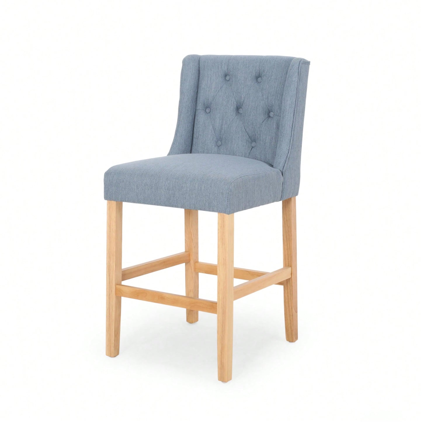 Set Of 2 Baby Blue Fabric Tufted Wingback Counter Stools With Natural Finish 27 Inch Height