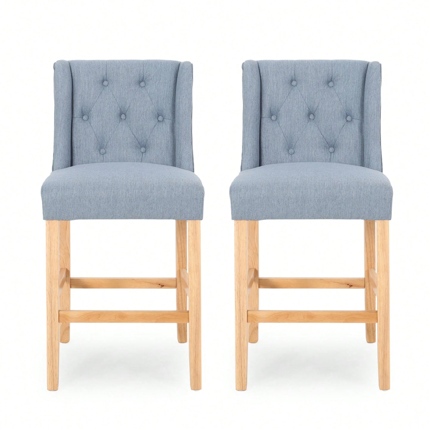 Set Of 2 Baby Blue Fabric Tufted Wingback Counter Stools With Natural Finish 27 Inch Height