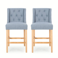 Set Of 2 Baby Blue Fabric Tufted Wingback Counter Stools With Natural Finish 27 Inch Height