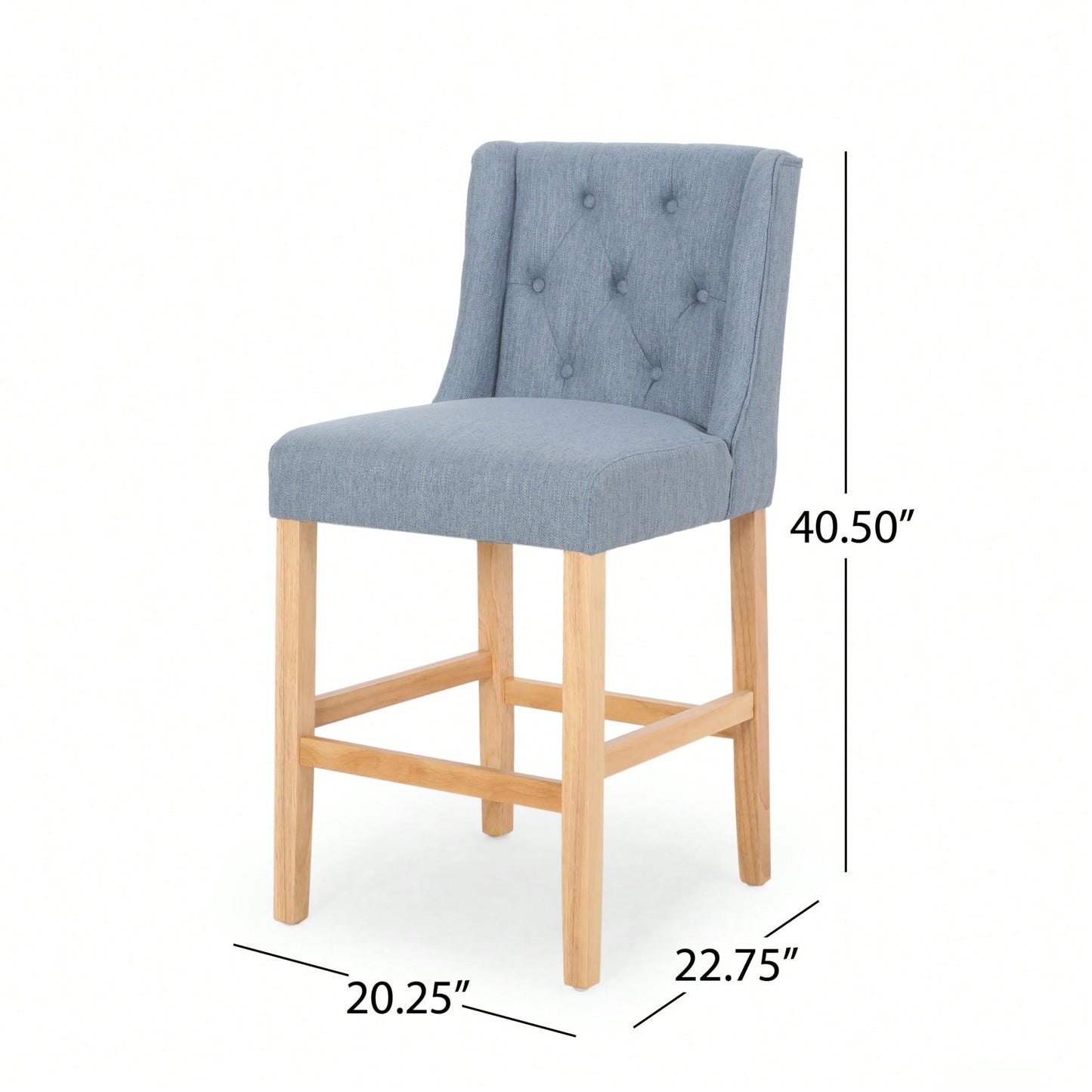 Set Of 2 Baby Blue Fabric Tufted Wingback Counter Stools With Natural Finish 27 Inch Height