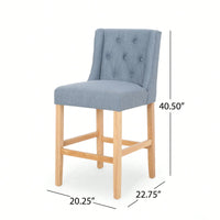 Set Of 2 Baby Blue Fabric Tufted Wingback Counter Stools With Natural Finish 27 Inch Height