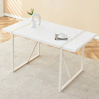 Industrial Cream MDF Dining Table For 4-6 With 1.5 Inch Thick Top And White Metal Legs For Kitchen, Dining Room, Or Terrace
