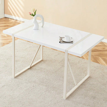 Industrial Cream MDF Dining Table For 4-6 With 1.5 Inch Thick Top And White Metal Legs For Kitchen, Dining Room, Or Terrace