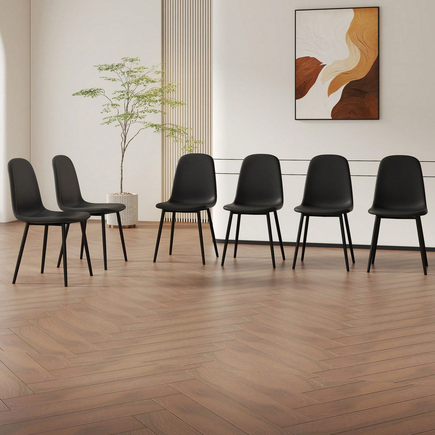 Modern Minimalist Upholstered Dining Chair Set Of Six - Comfortable Spoon Shaped Design With Black Metal Legs