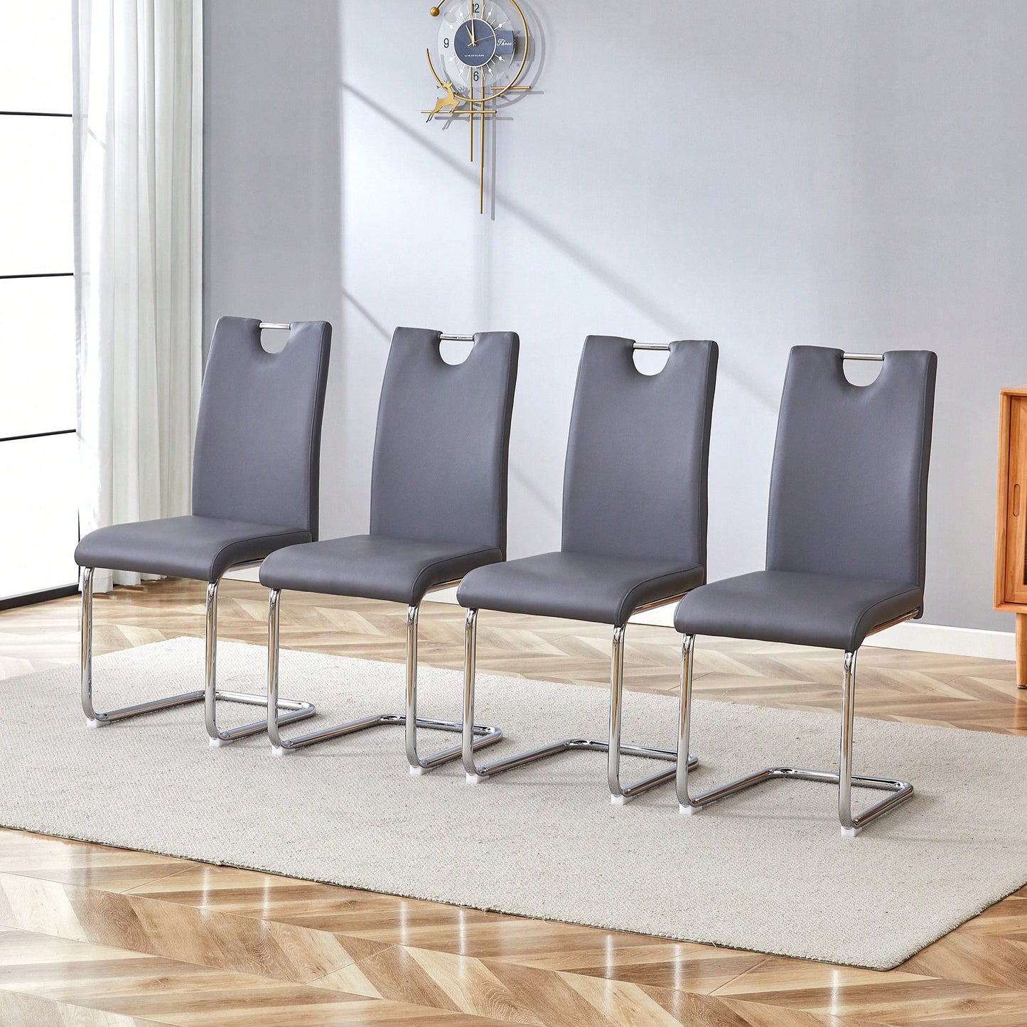 Set Of 4 Modern Faux Leather Dining Chairs With Metal Legs For Kitchen And Dining Room Grey