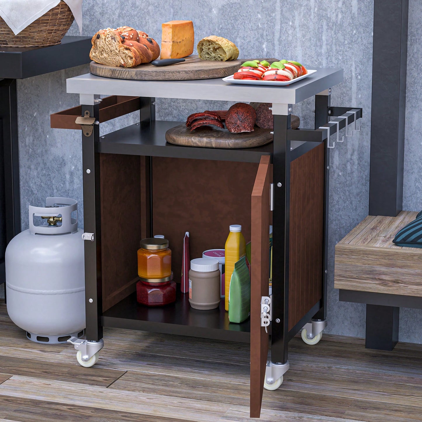 Stainless Steel Outdoor Grill Cart With Wheels, Storage, Hooks, And Spice Rack - Waterproof BBQ Serving Tabl, Rolling Patio Kitchen Island