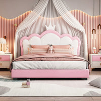 Full Size Upholstered Princess Bed With Crown Headboard And Footboard In White And Pink