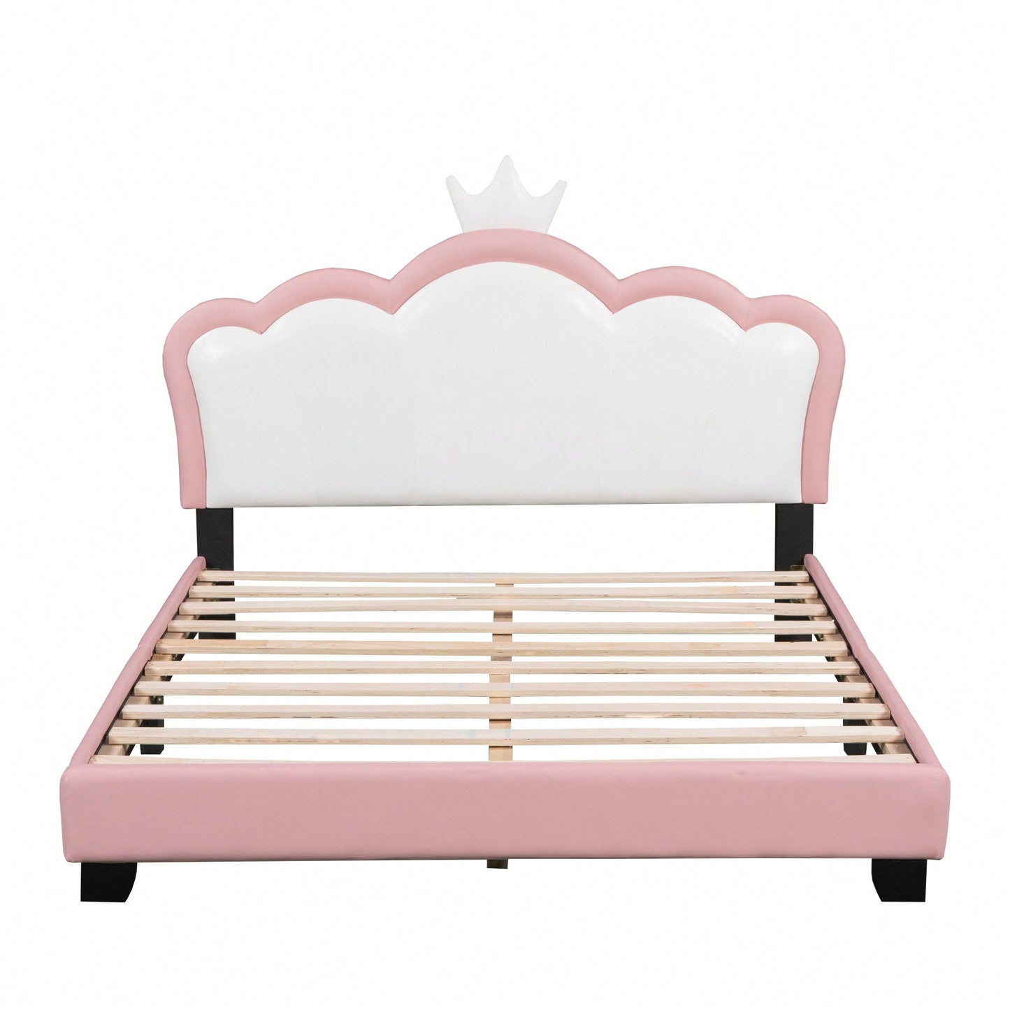 Full Size Upholstered Princess Bed With Crown Headboard And Footboard In White And Pink