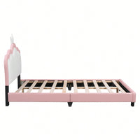 Full Size Upholstered Princess Bed With Crown Headboard And Footboard In White And Pink