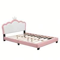 Full Size Upholstered Princess Bed With Crown Headboard And Footboard In White And Pink