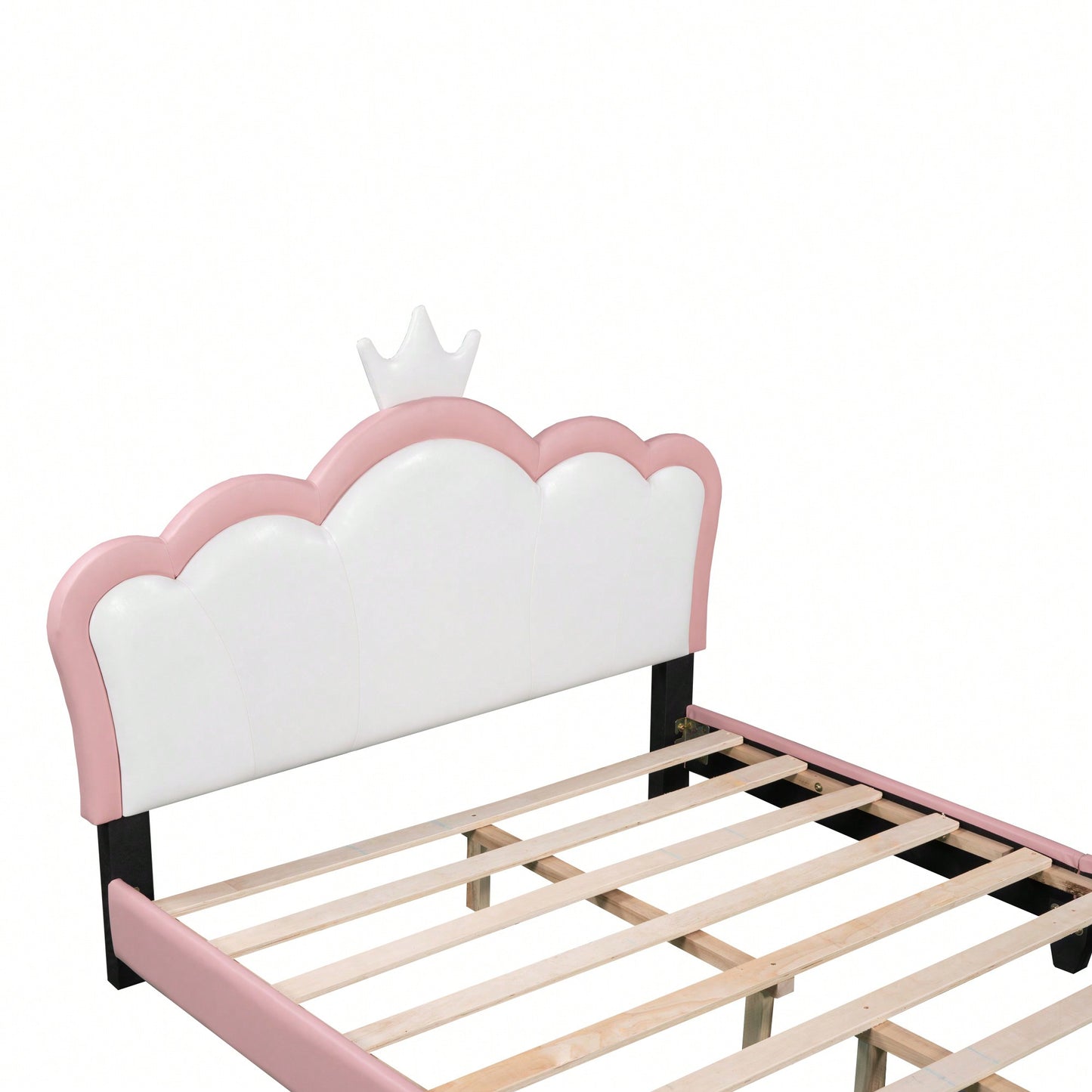 Full Size Upholstered Princess Bed With Crown Headboard And Footboard In White And Pink