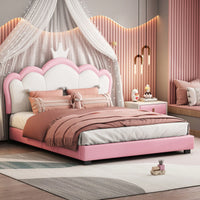 Full Size Upholstered Princess Bed With Crown Headboard And Footboard In White And Pink