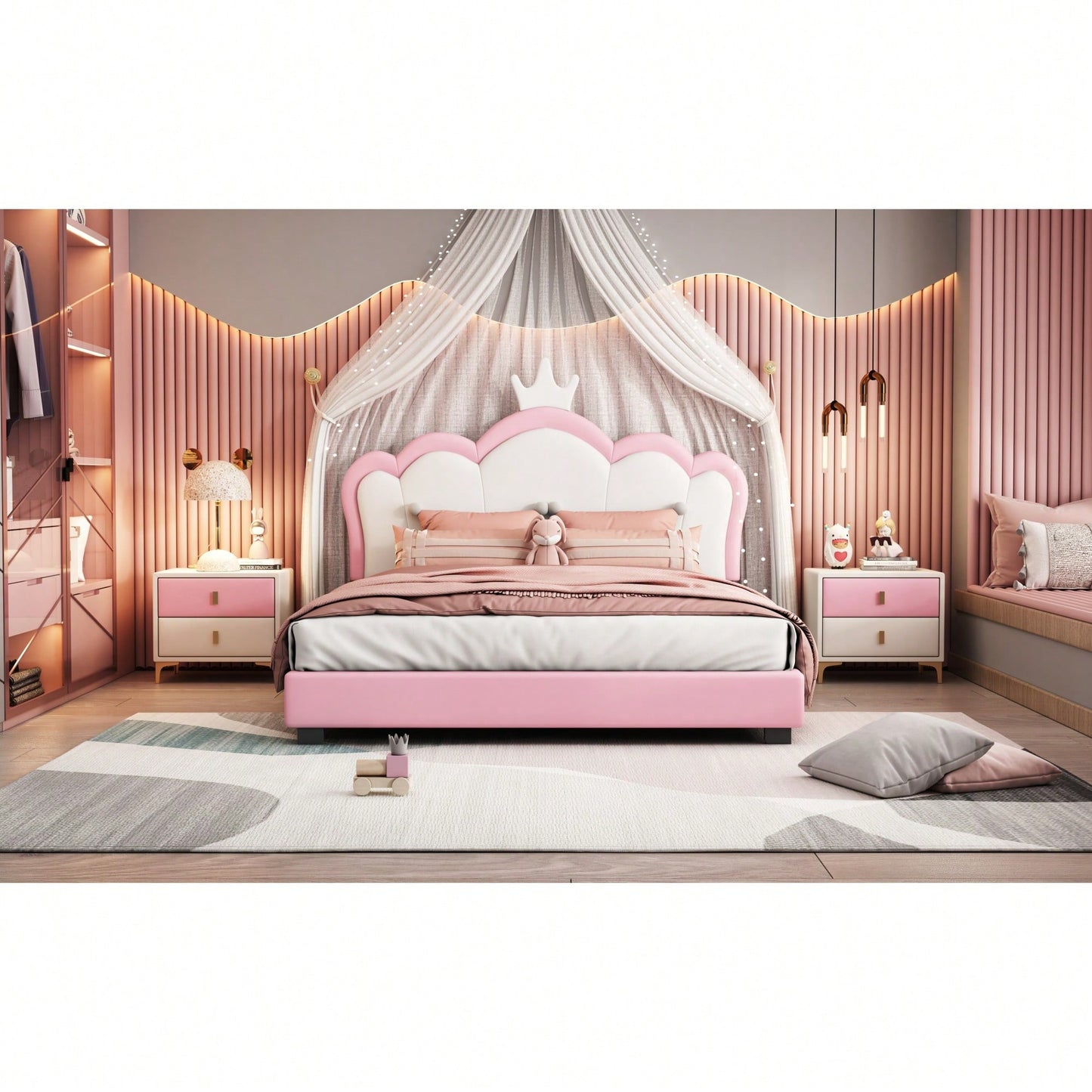 Full Size Upholstered Princess Bed With Crown Headboard And Footboard In White And Pink