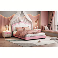 Full Size Upholstered Princess Bed With Crown Headboard And Footboard In White And Pink