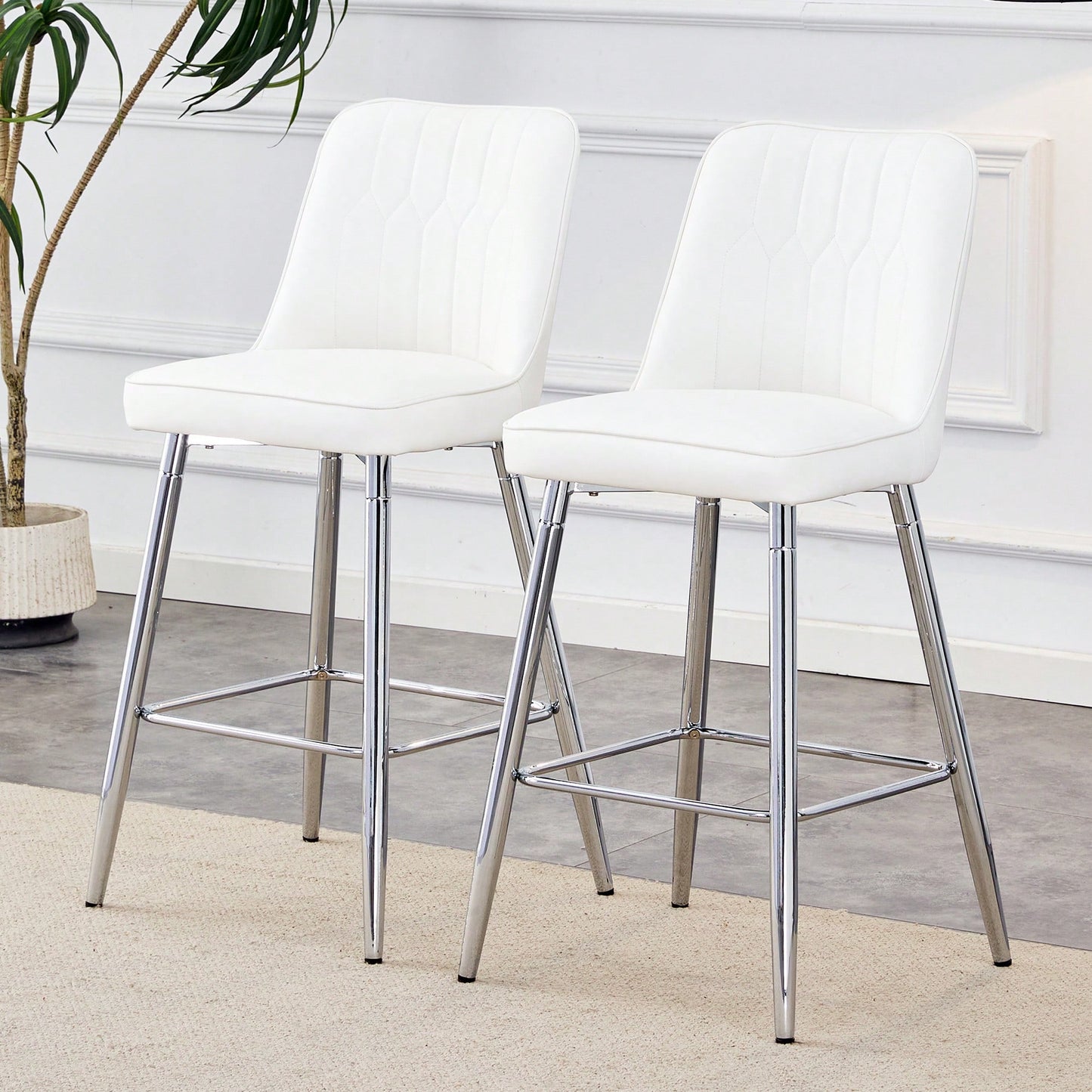 Contemporary Black PU Bar Stool Set With Silver Metal Legs And Cross Reinforcement