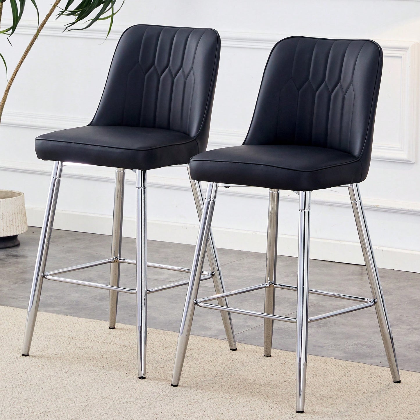 Contemporary Black PU Bar Stool Set With Silver Metal Legs And Cross Reinforcement