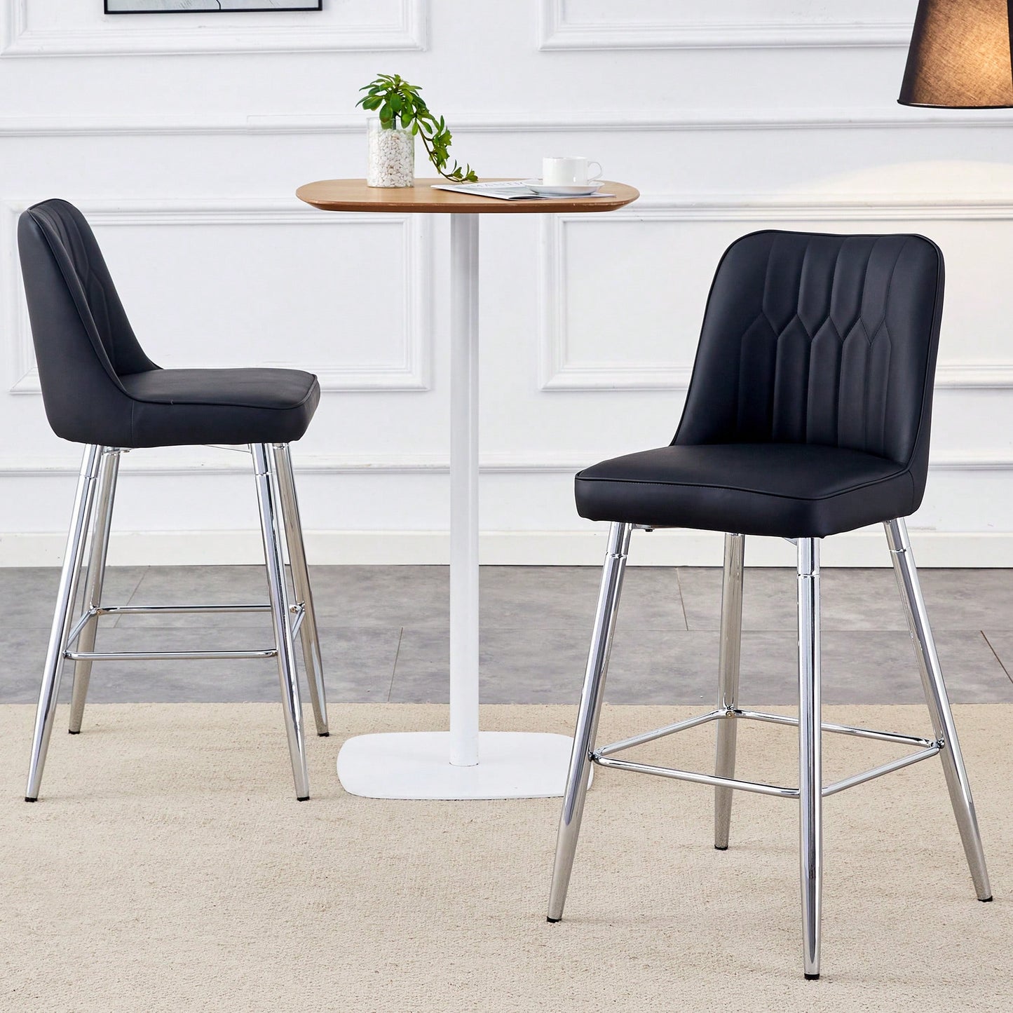 Contemporary Black PU Bar Stool Set With Silver Metal Legs And Cross Reinforcement