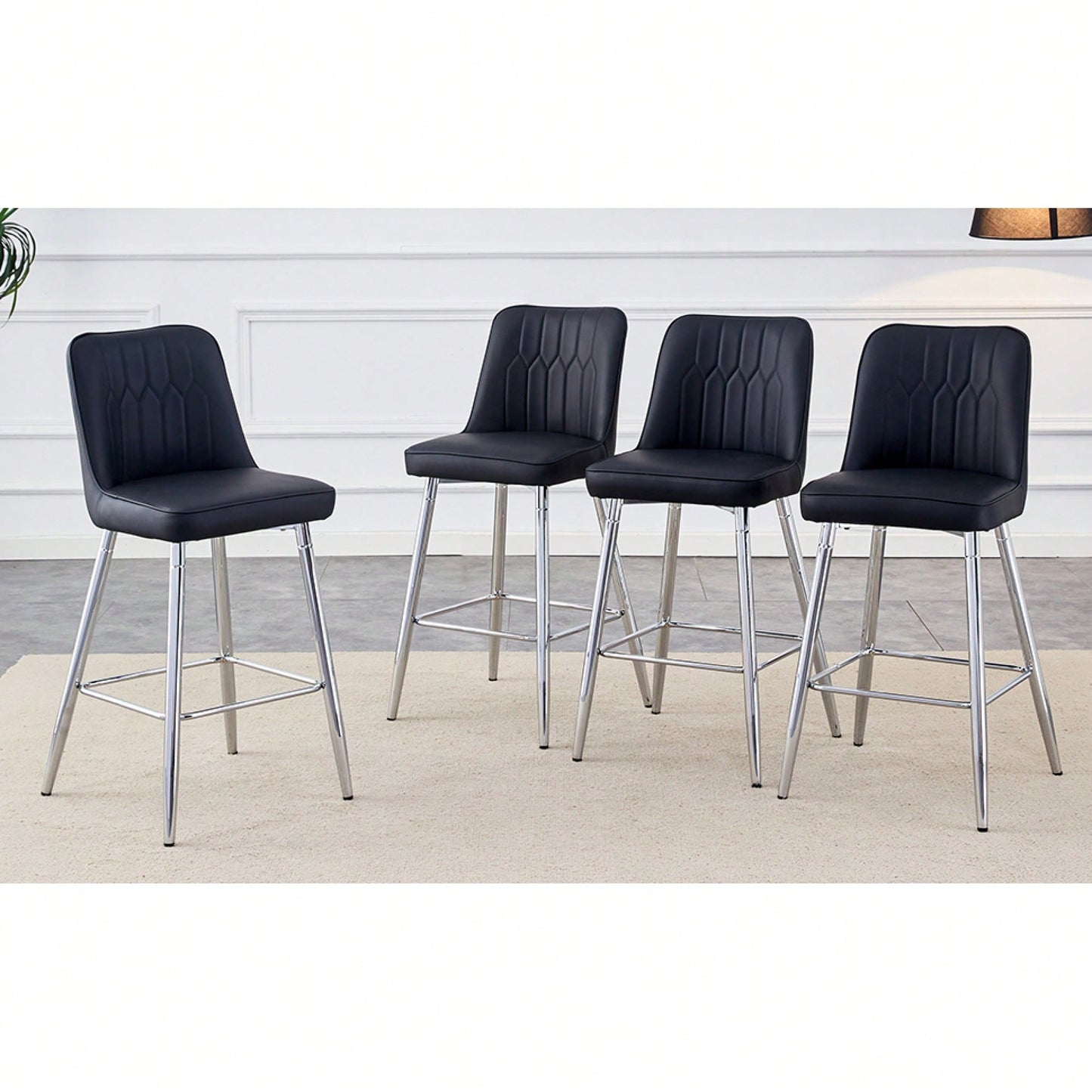 Contemporary Black PU Bar Stool Set With Silver Metal Legs And Cross Reinforcement