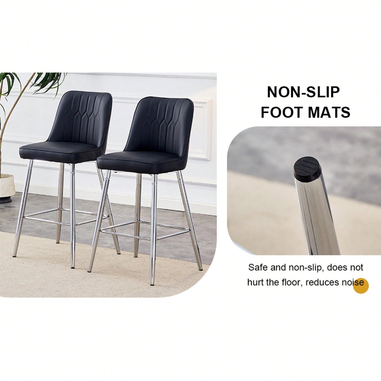 Contemporary Black PU Bar Stool Set With Silver Metal Legs And Cross Reinforcement