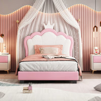 Twin Size Upholstered Princess Bed With Crown Headboard In White And Pink, Elegant Platform Bed With Headboard And Footboard