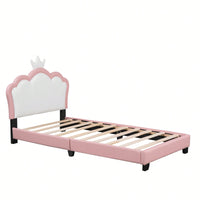 Twin Size Upholstered Princess Bed With Crown Headboard In White And Pink, Elegant Platform Bed With Headboard And Footboard