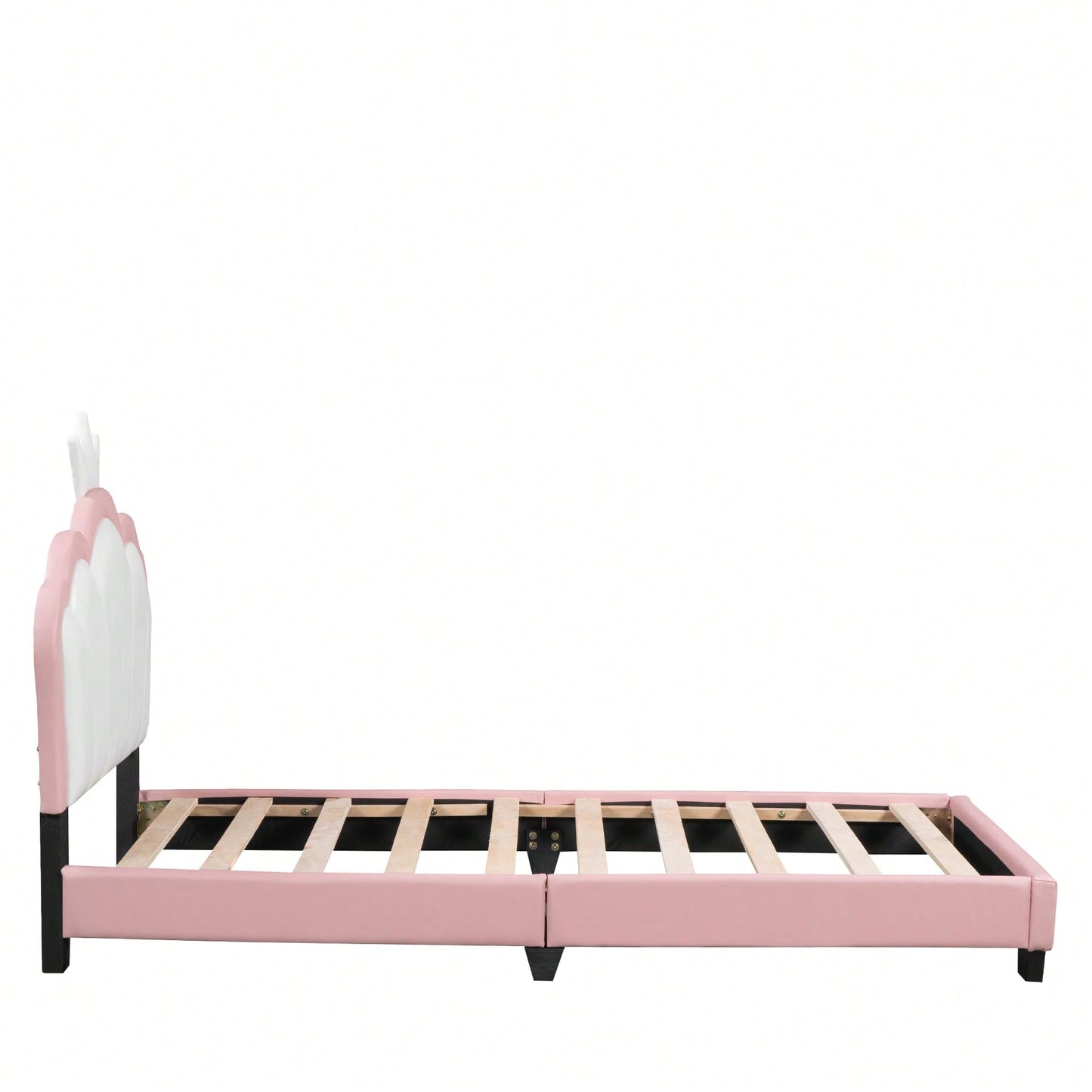 Twin Size Upholstered Princess Bed With Crown Headboard In White And Pink, Elegant Platform Bed With Headboard And Footboard