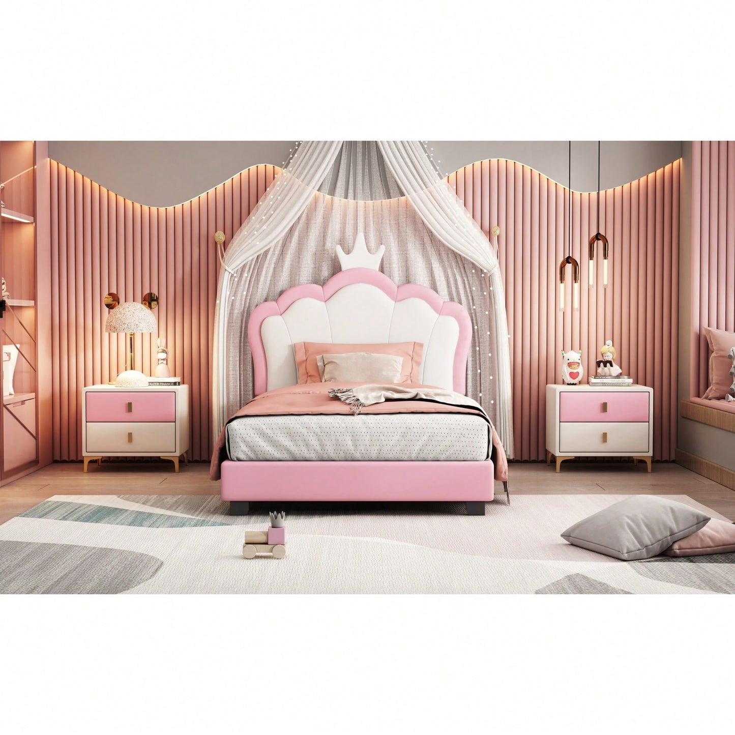 Twin Size Upholstered Princess Bed With Crown Headboard In White And Pink, Elegant Platform Bed With Headboard And Footboard