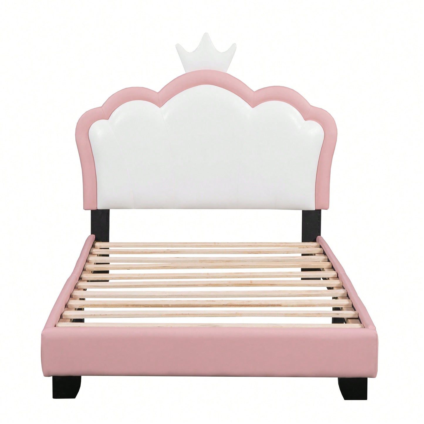 Twin Size Upholstered Princess Bed With Crown Headboard In White And Pink, Elegant Platform Bed With Headboard And Footboard